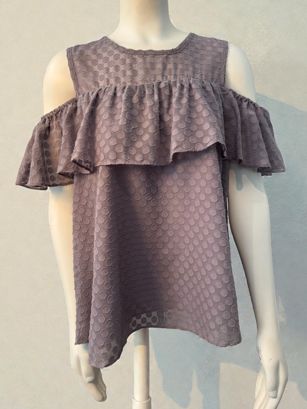 Joy Joy Mauve Cold-Shoulder Ruffle Dot Blouse